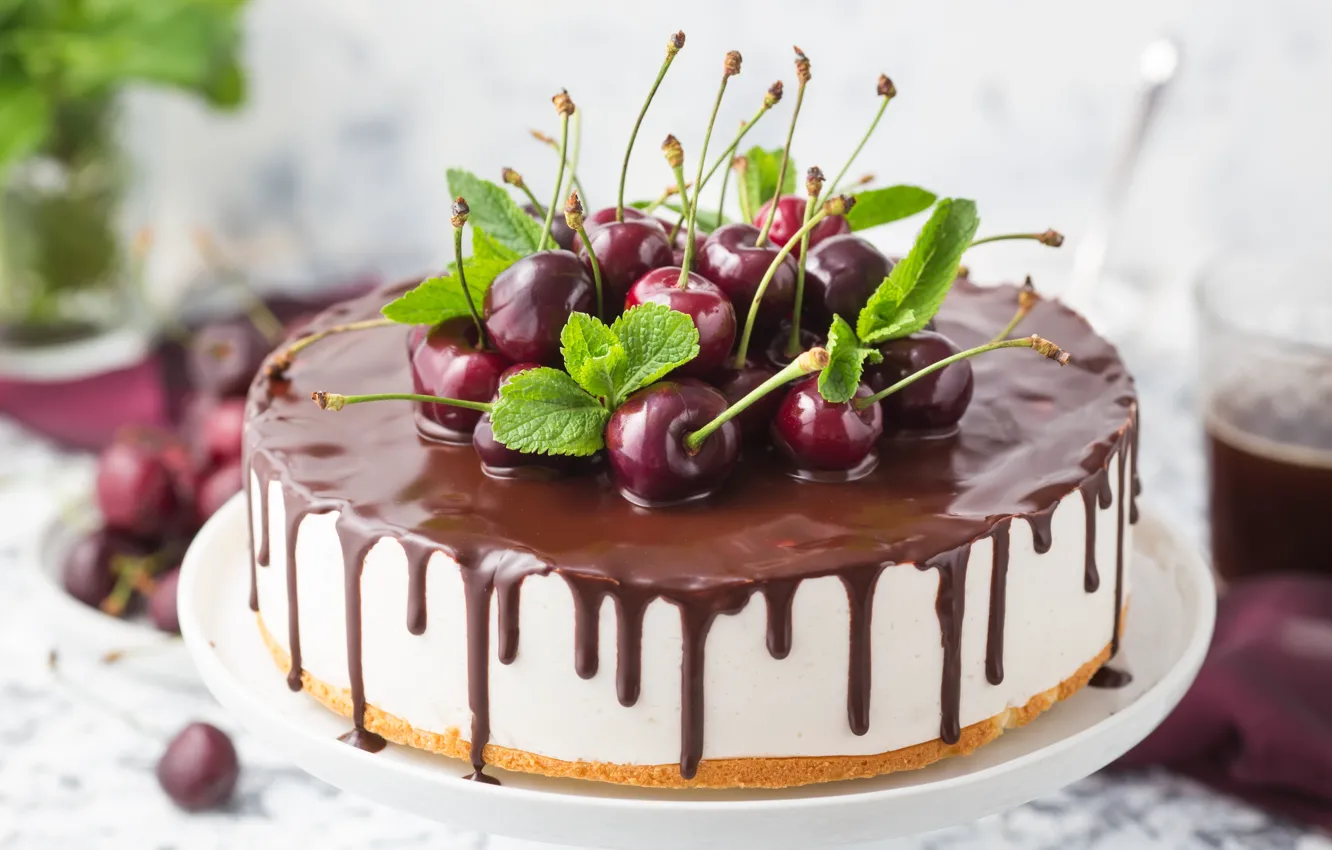 Фото обои вишня, торт, украшение, десерт, шоколадная глазурь