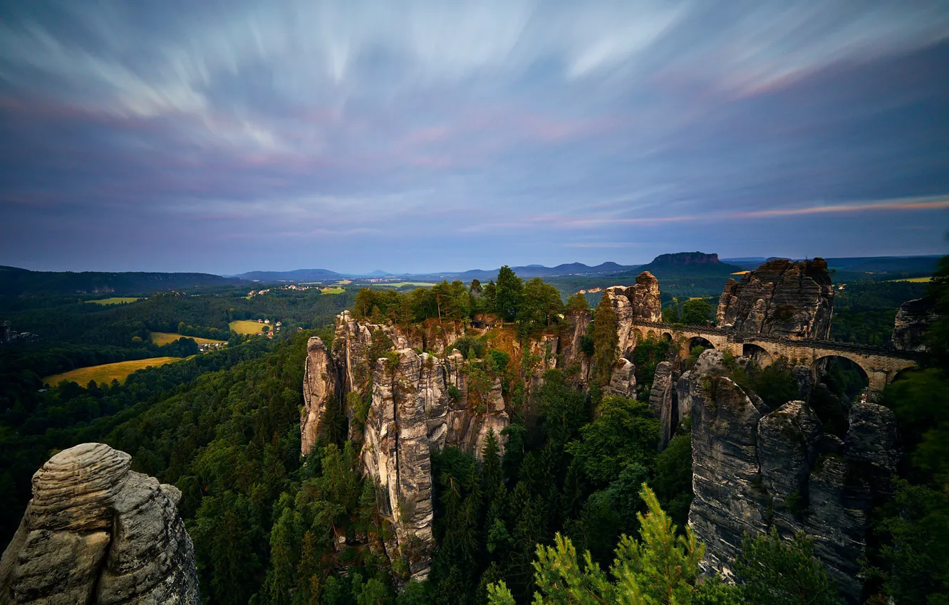 Фото обои лес, небо, мост, скалы, Швейцария, Национальный парк, Крепость Bastei