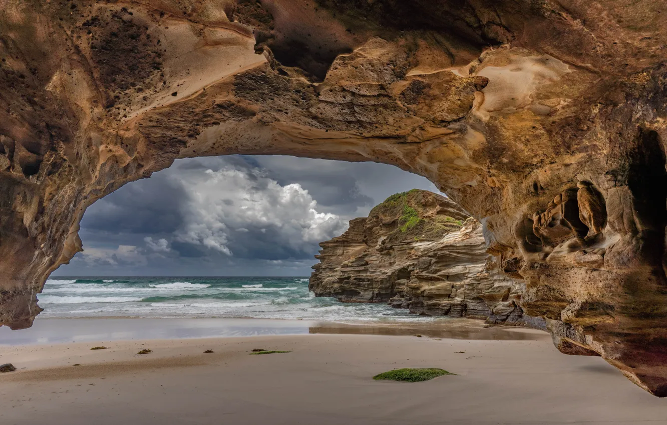 Фото обои море, скалы, берег, пещера
