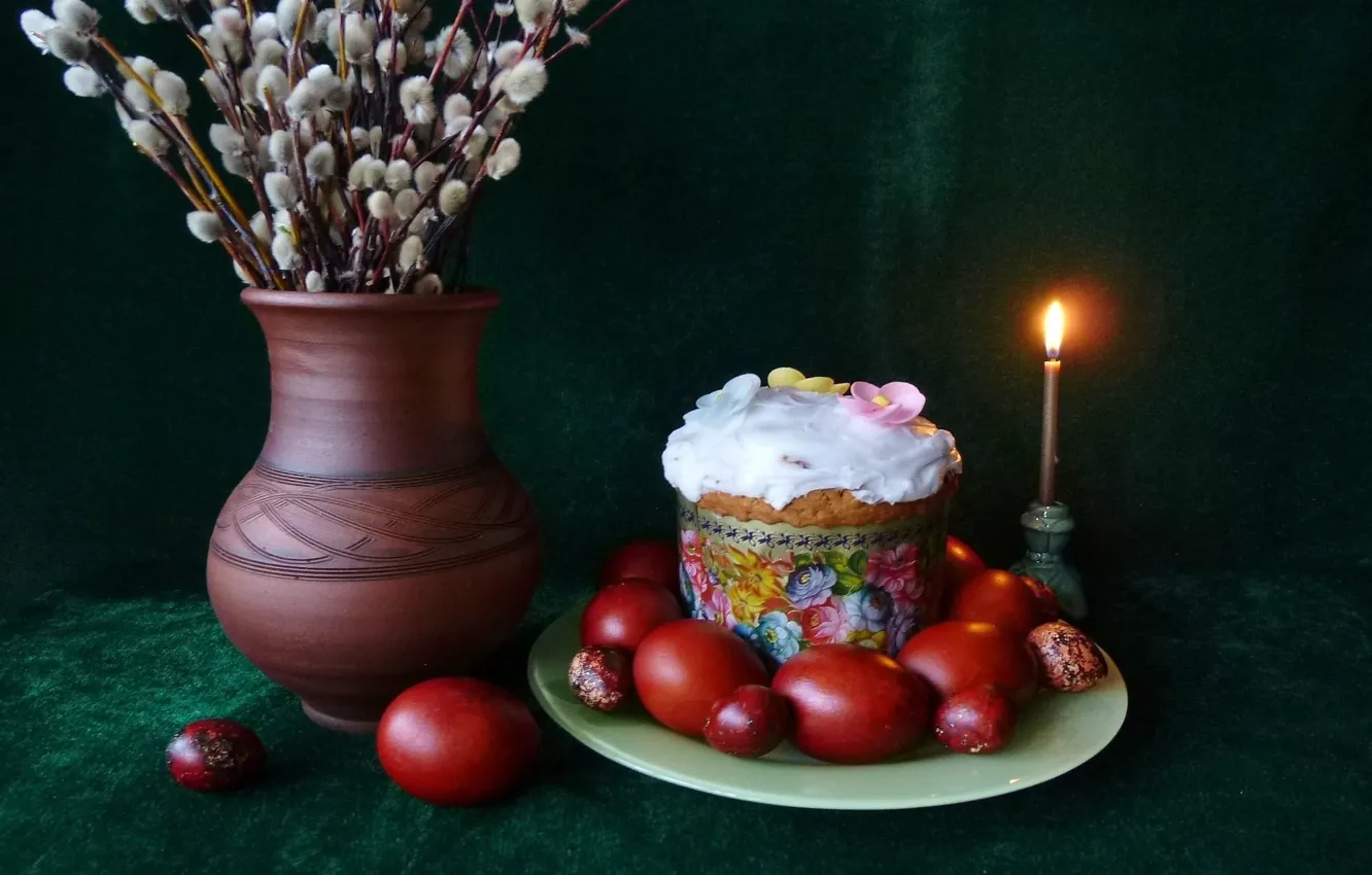 Фото обои Свеча, Яйцо, Пасха, Кулич, Верба, Кувшин