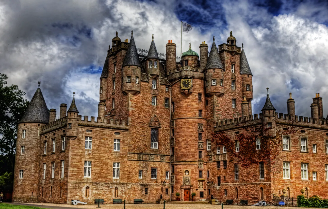 Фото обои замок, стены, часы, обработка, Шотландия, башни, Glamis Castle