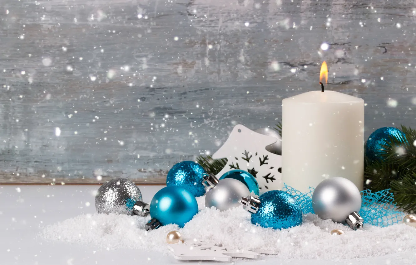 Фото обои снег, снежинки, шары, елка, Новый Год, Рождество, Christmas, balls