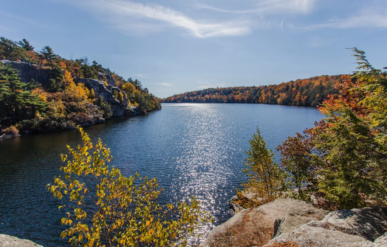 Фото обои осень, горы, озеро, фото, USA, Minnewaska Gardiner