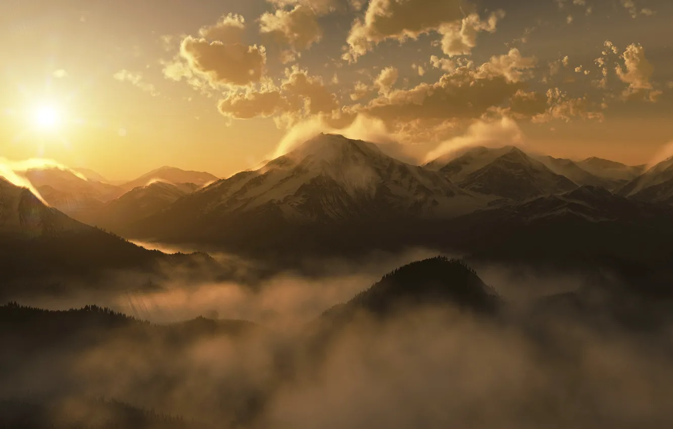 Фото обои солнце, облака, горы, туман, восход, утро