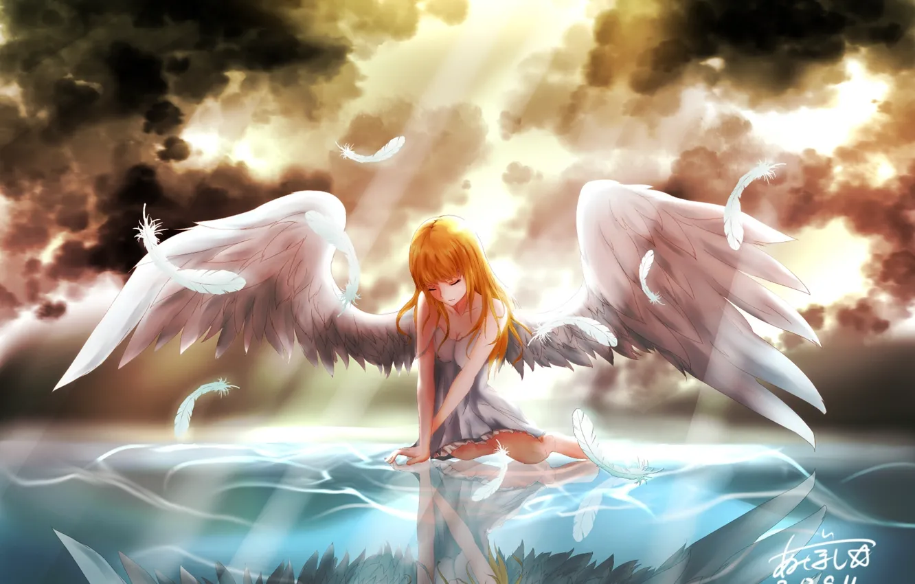 Фото обои небо, вода, девушка, облака, свет, отражение, крылья, ангел