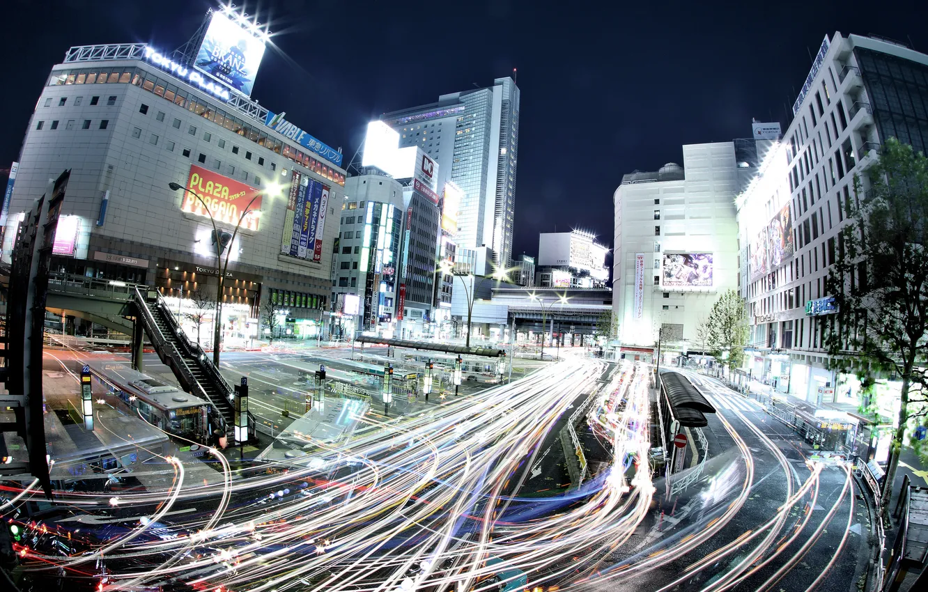 Фото обои ночь, город, огни, движение, выдержка, Япония, Токио, трафик
