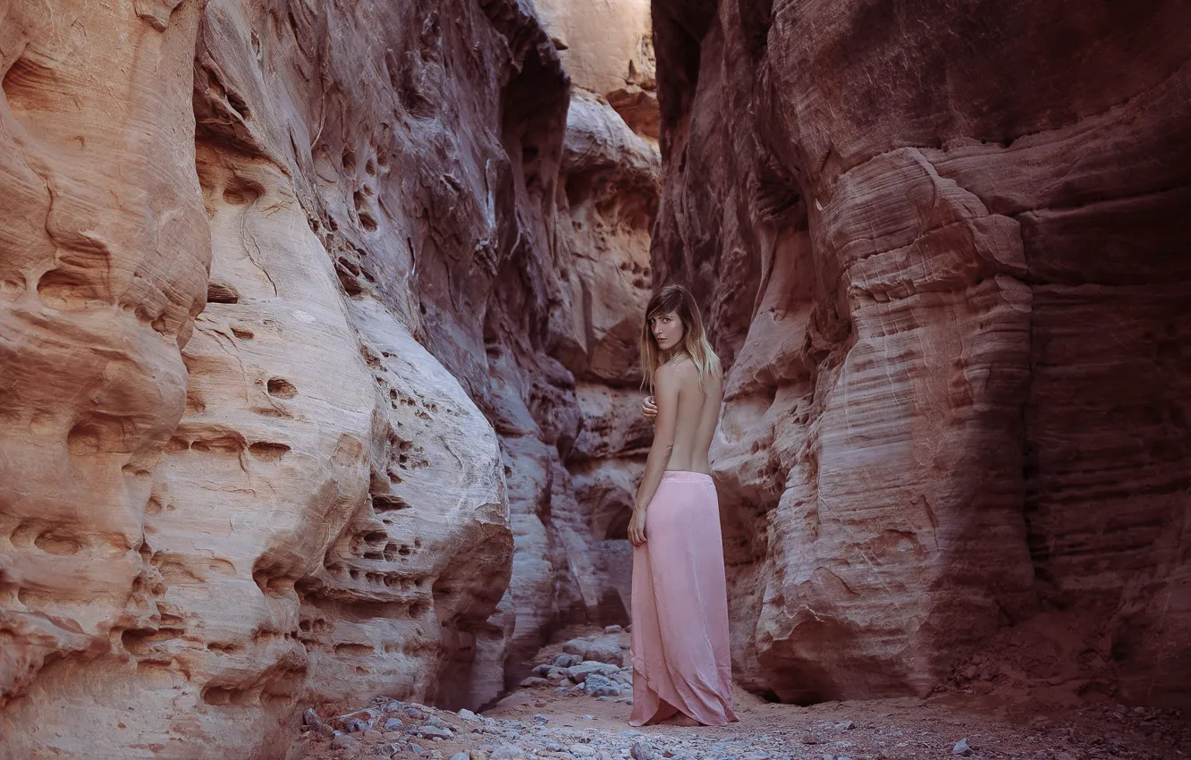 Фото обои девушка, спина, юбка, каньон