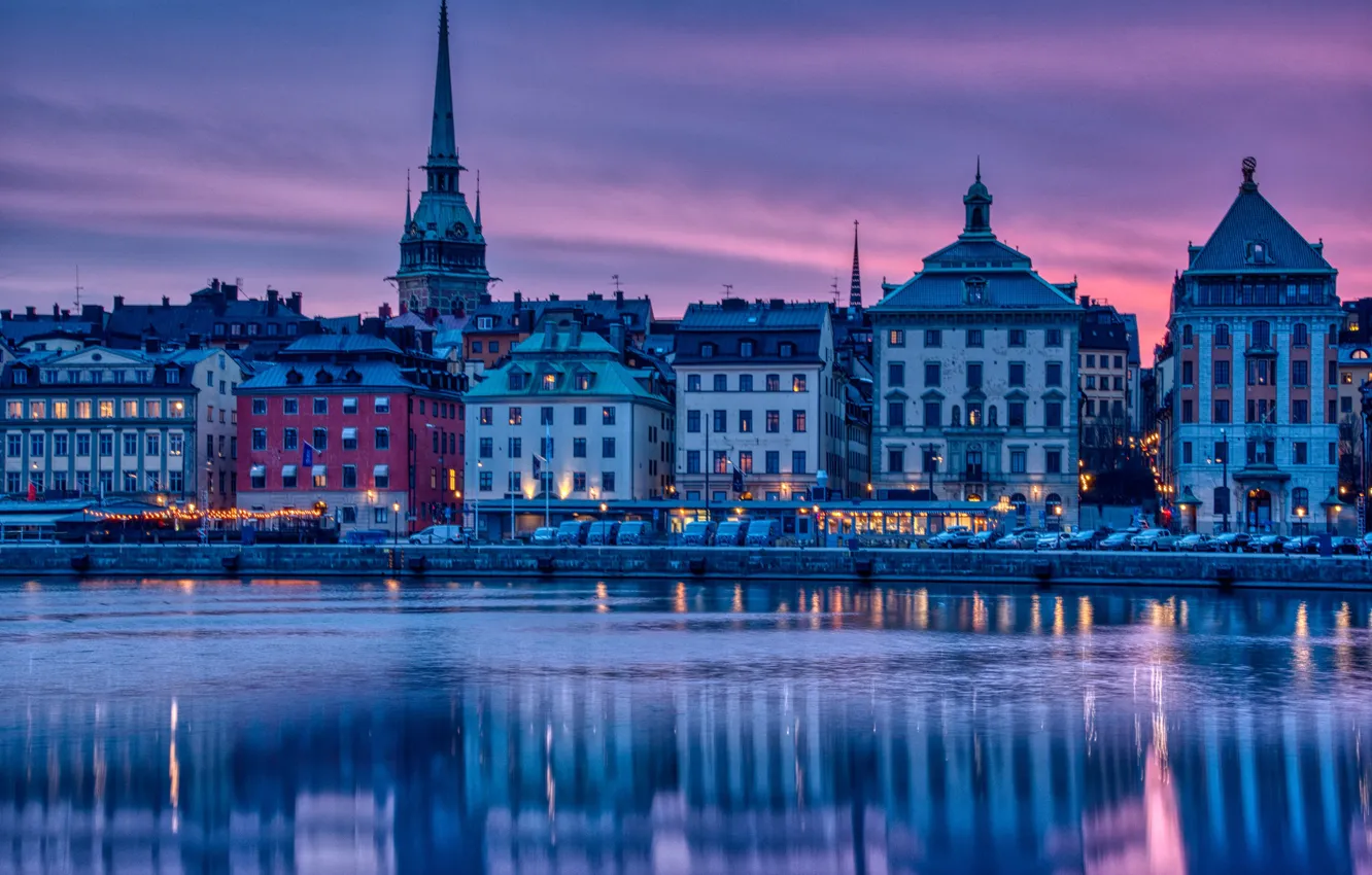 Фото обои вода, закат, здания, дома, вечер, Стокгольм, Швеция, набережная