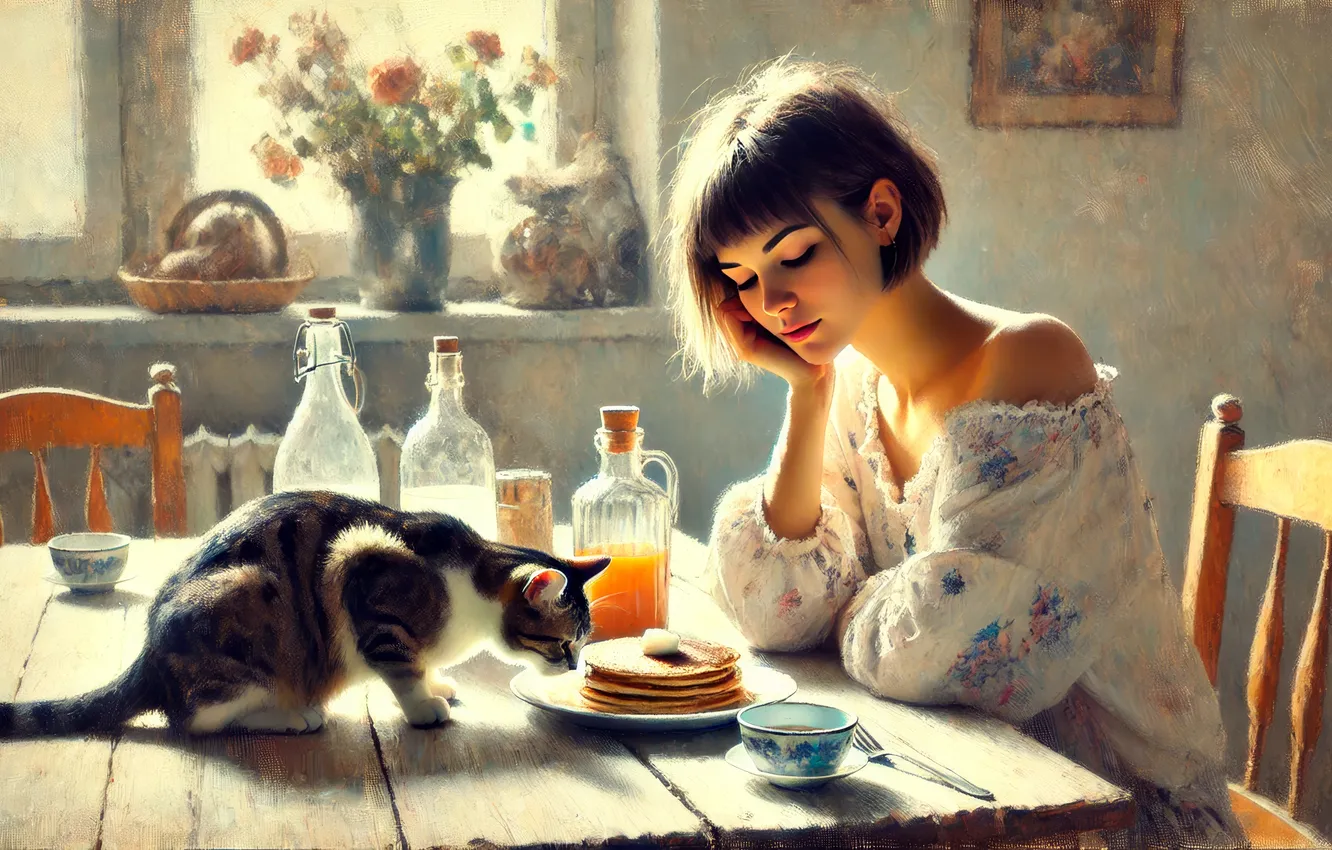 Фото обои morning, women, cats, breakfast, impressionism, AI art