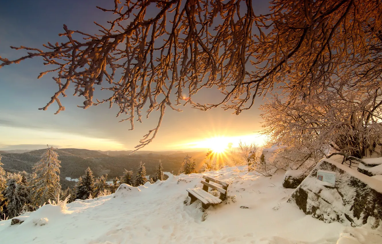 Фото обои зима, закат, горы, скамья
