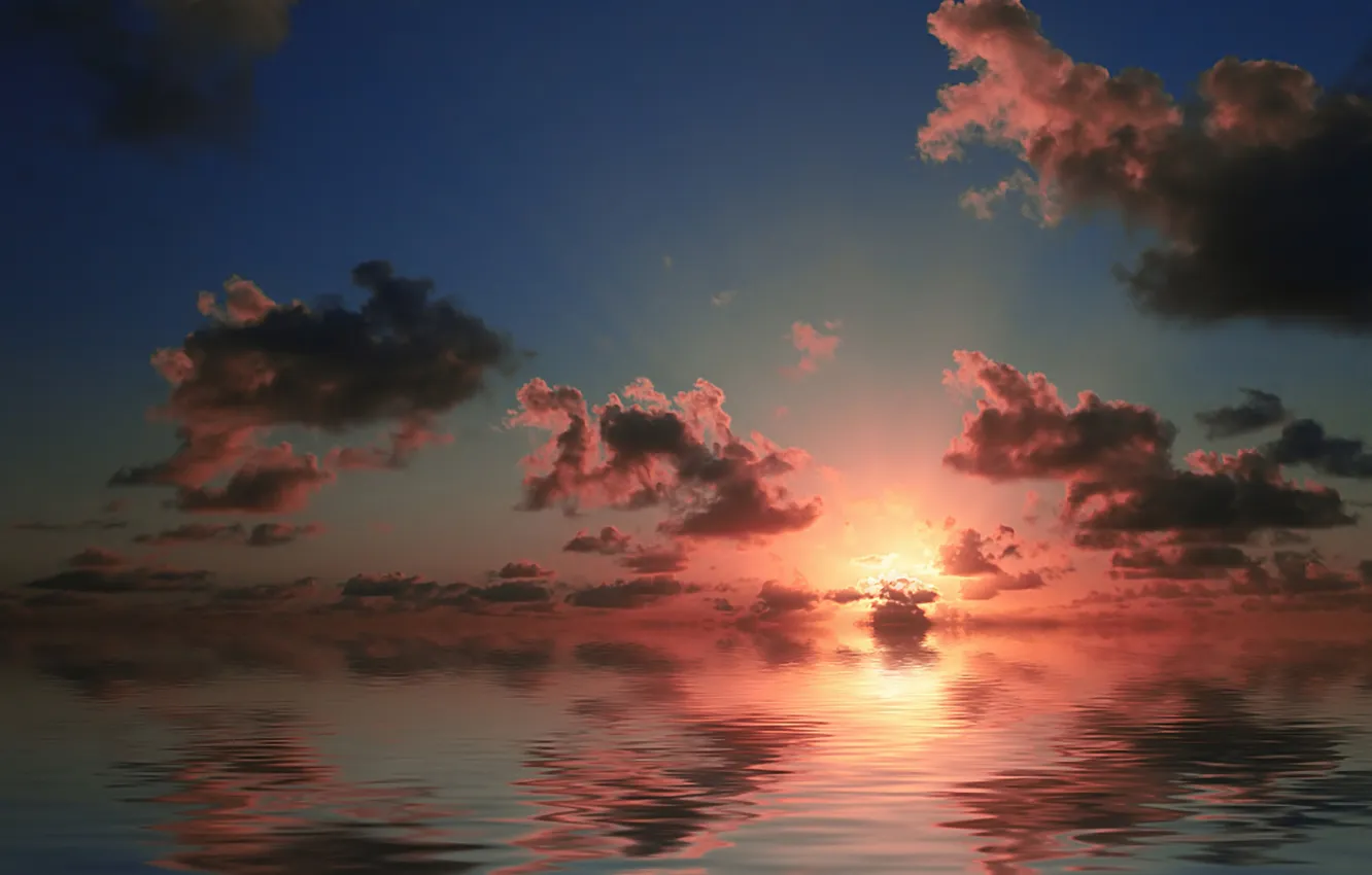 Фото обои море, небо, облака, закат, отражение