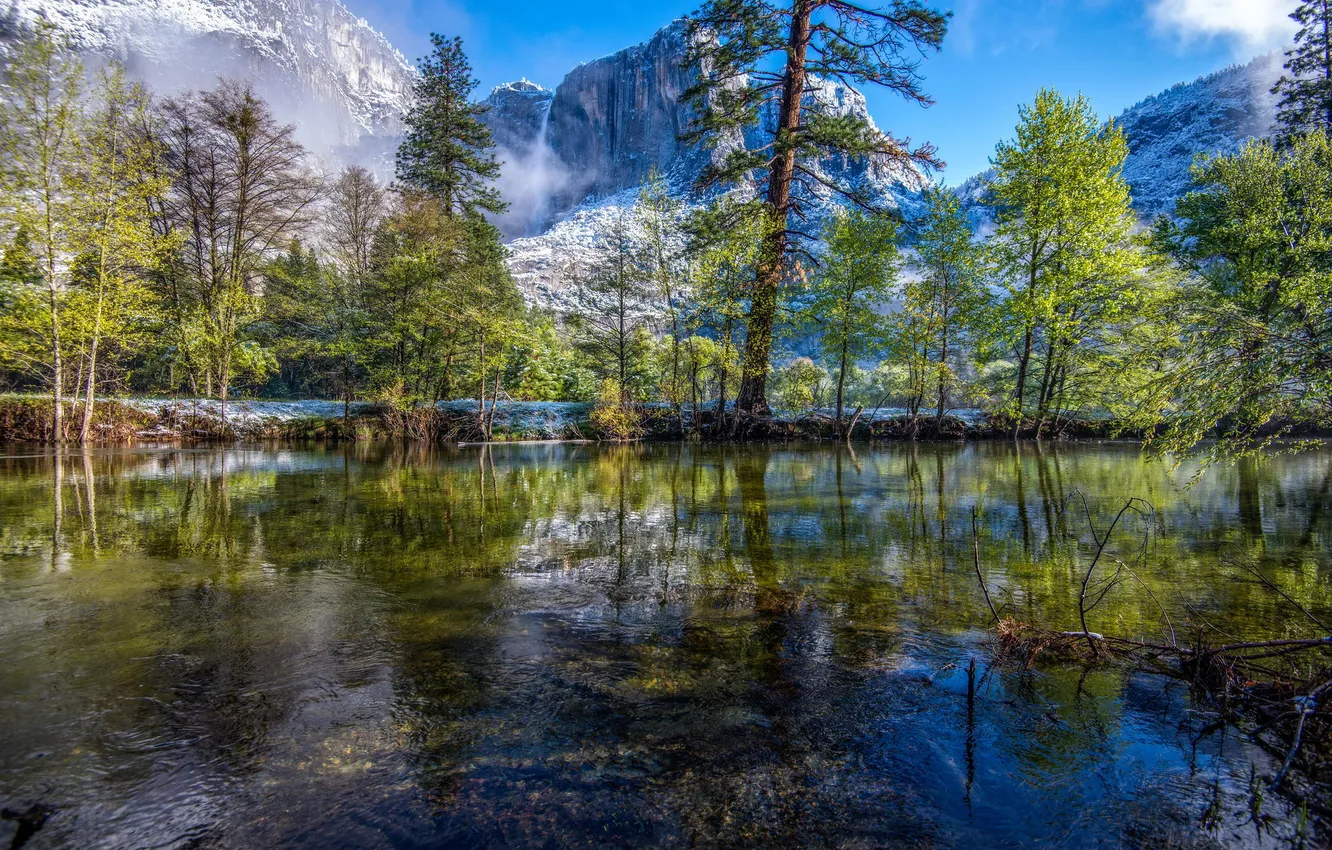 Фото обои снег, деревья, горы, отражение, река, Калифорния, USA, США