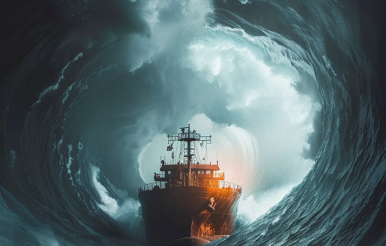Фото обои Вода, Море, Корабль, Волна, Ураган, Цифровое искусство, ИИ-арт, Искусство искусственного интеллекта