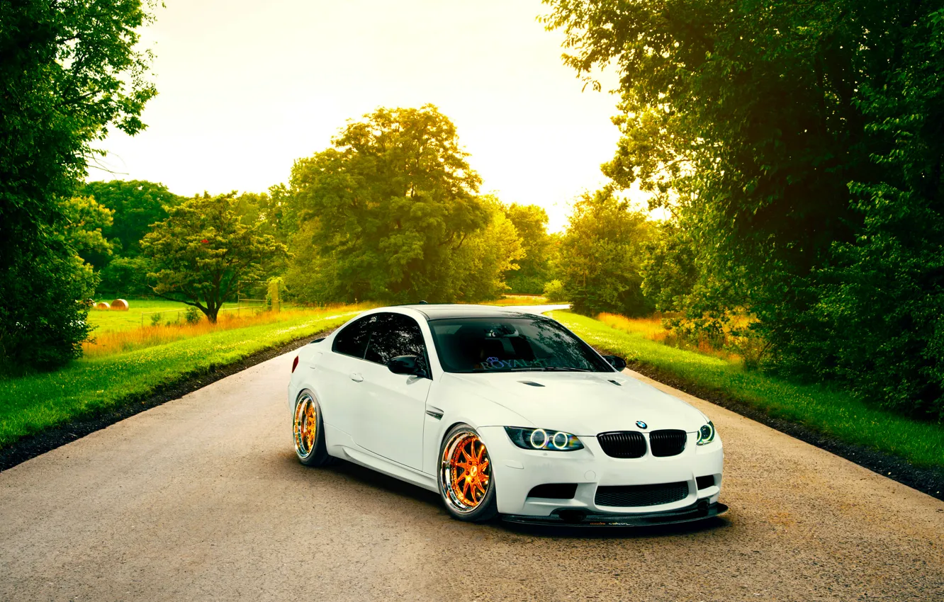 Фото обои BMW, Orange, White, E92, Road, Low, Wheels, Stancenation