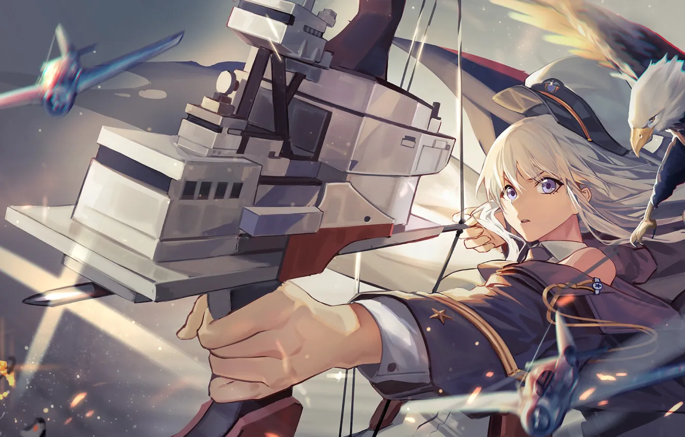 Фото обои девушка, птица, лук, орёл, Azur Lane