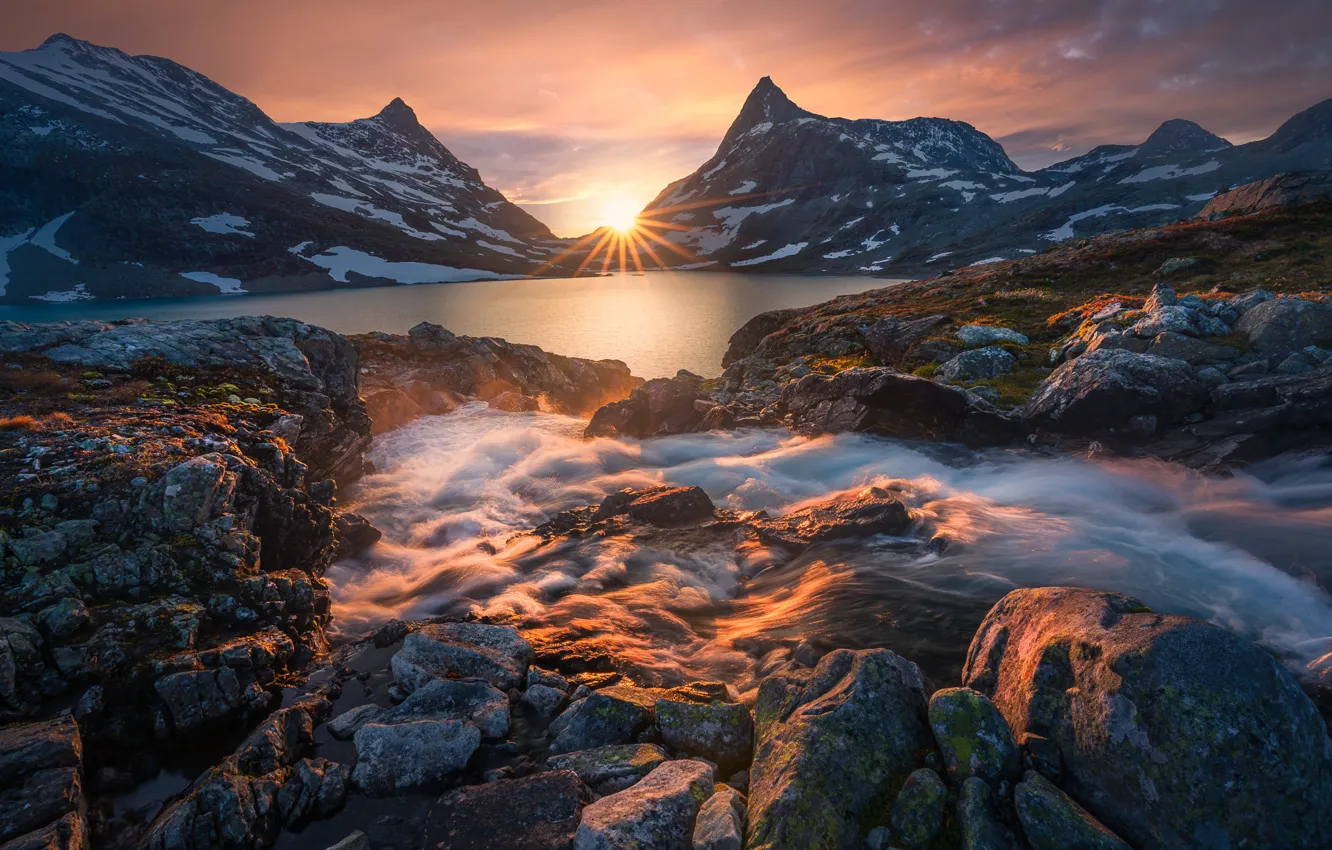 Фото обои закат, горы, озеро, ручей, Норвегия, Norway, Скандинавские горы, Ютунхеймен