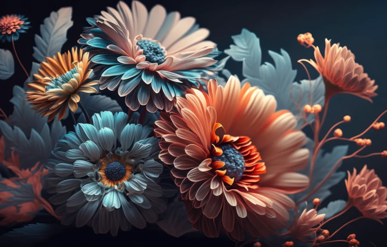 Фото обои листья, цветы, фон, colorful, натюрморт, flowers, background, leaves