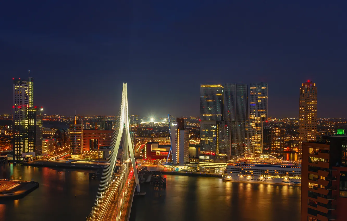 Фото обои ночь, мост, огни, река, здания, дома, фонари, Нидерланды