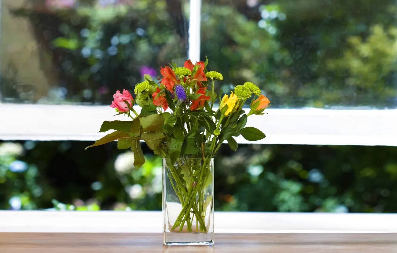 Фото обои зелень, цветы, окно, ваза, подоконник, букетик