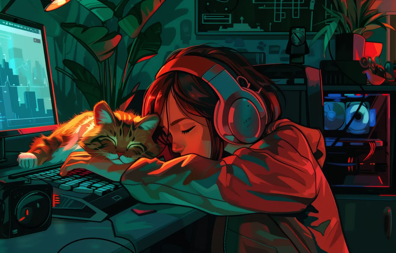 Фото обои colorful, headphones, women, cats, sleeping, illustration, AI art, LoFi