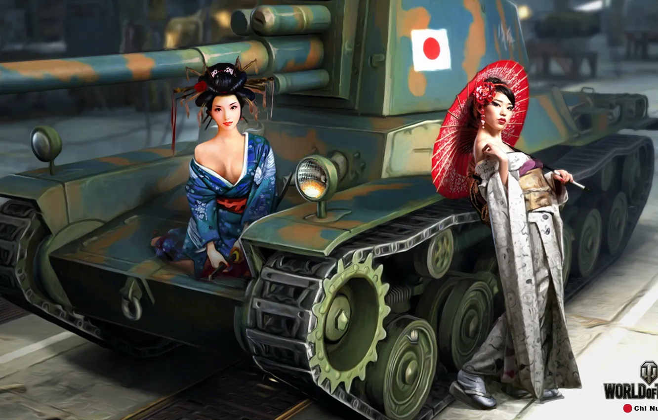 Фото обои зонтик, девушки, рисунок, катана, арт, самурай, танк, азиатки