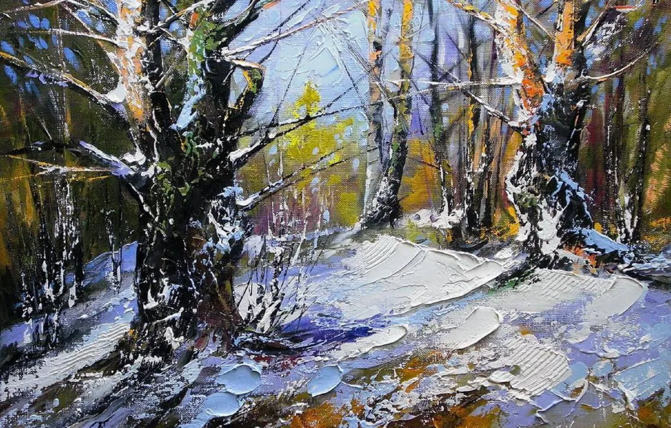 Фото обои зима, лес, небо, солнце, снег, деревья, пейзаж, картина