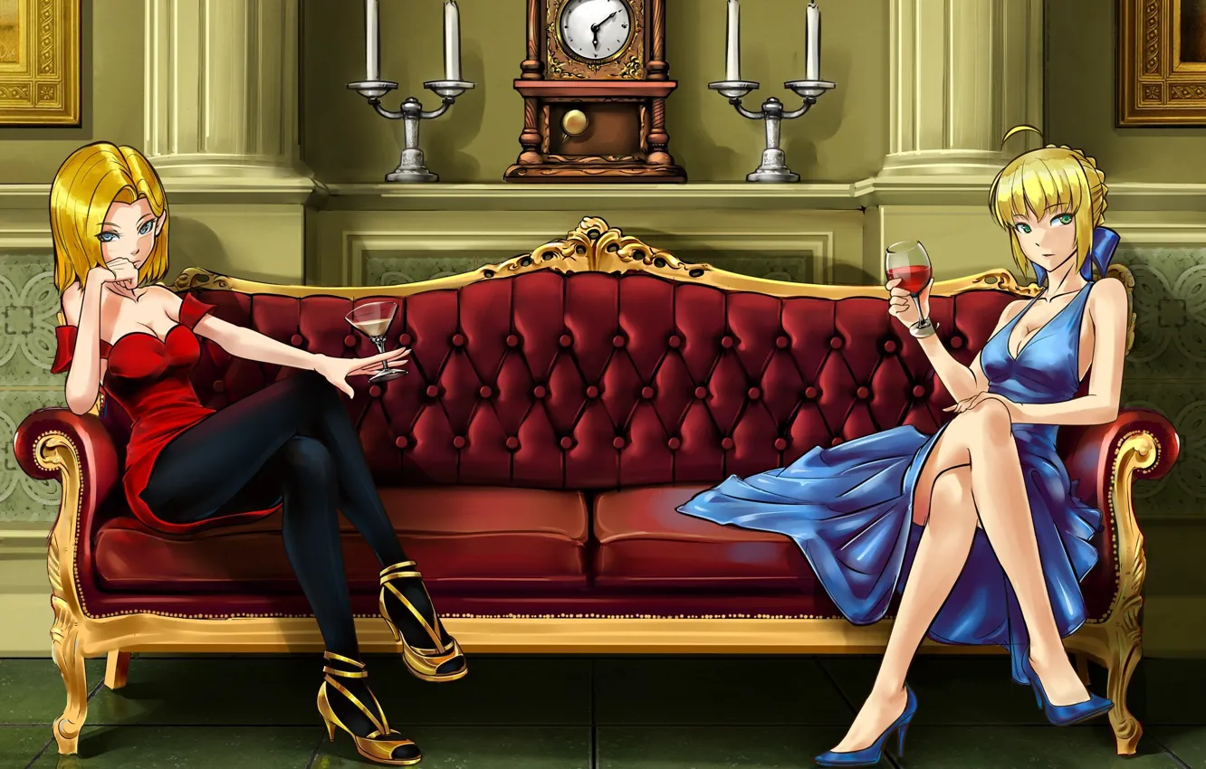 Фото обои девушки, диван, вино, интерьер, бокалы, арт, android, saber