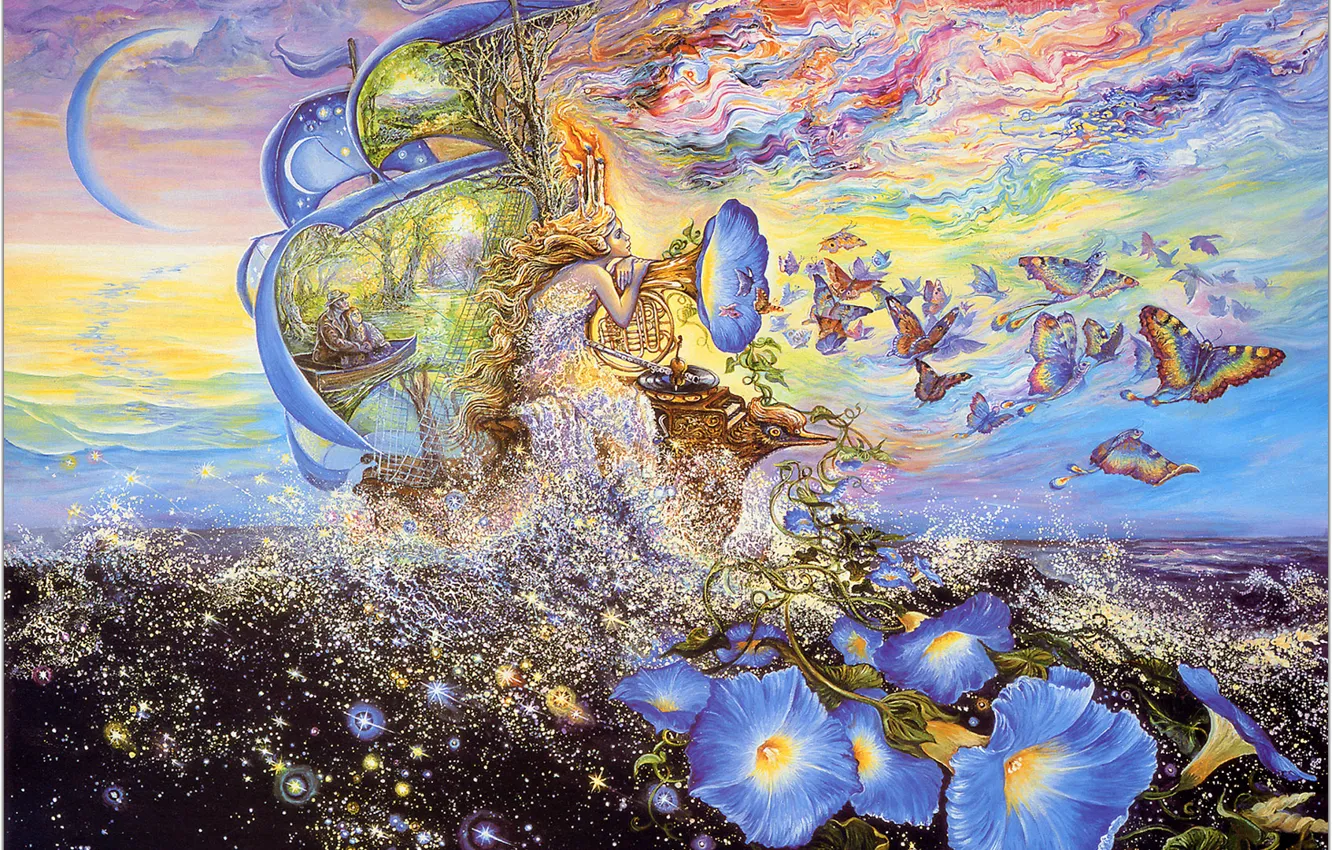 Фото обои море, бабочки, цветы, фантазия, корабль, Josephine Wall, Andromedas Quest, музык