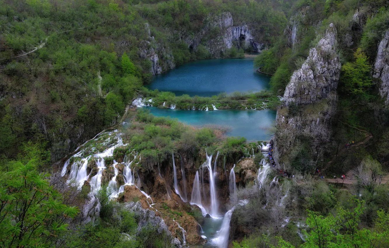 Фото обои озеро, скалы, Хорватия, Croatia, Plitvice Lakes, Croatian lakes, National Park Plitvice