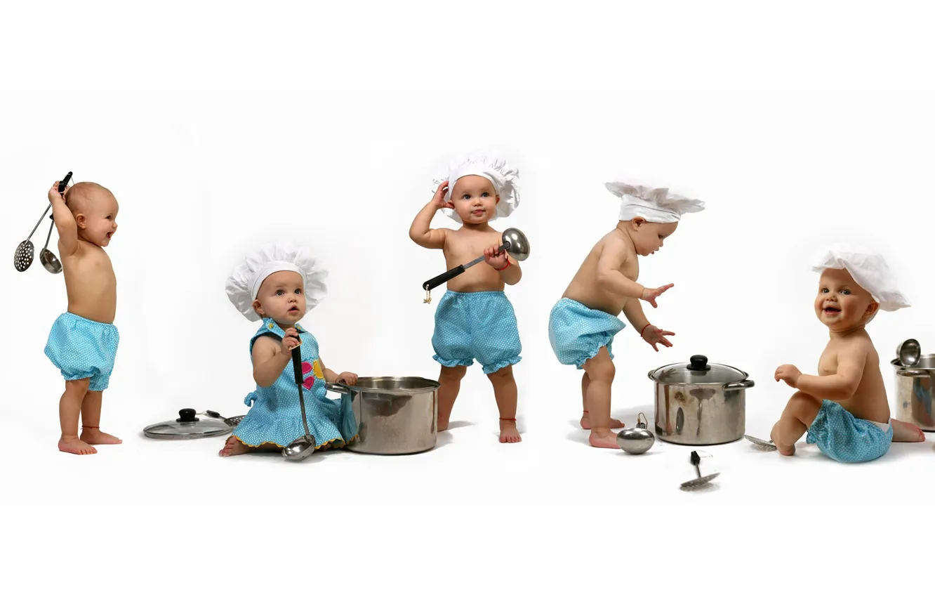 Фото обои дети, ребенок, малыш, посуда, кастрюли, поварята