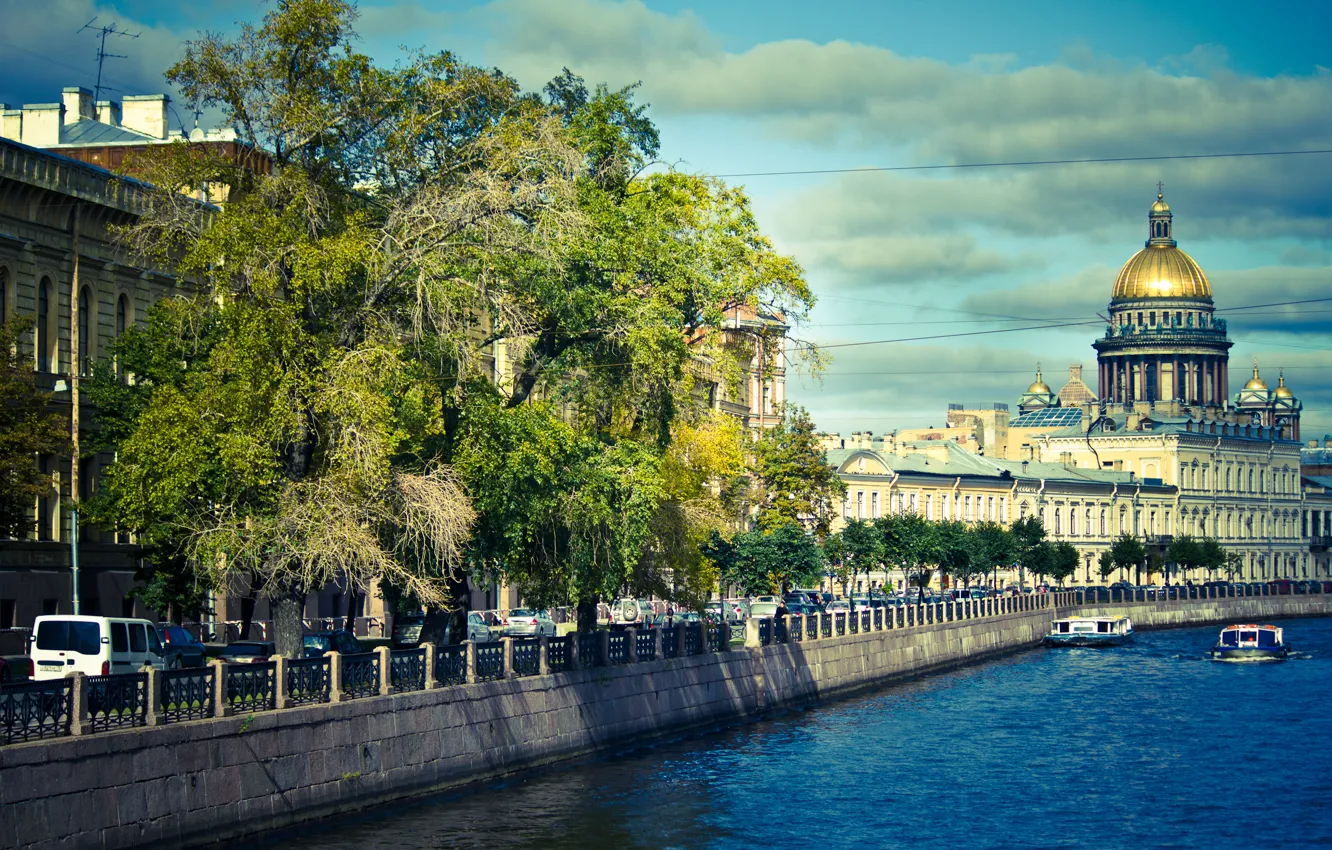 Фото обои река, здания, дома, лодки, Russia, набережная, питер, санкт-петербург