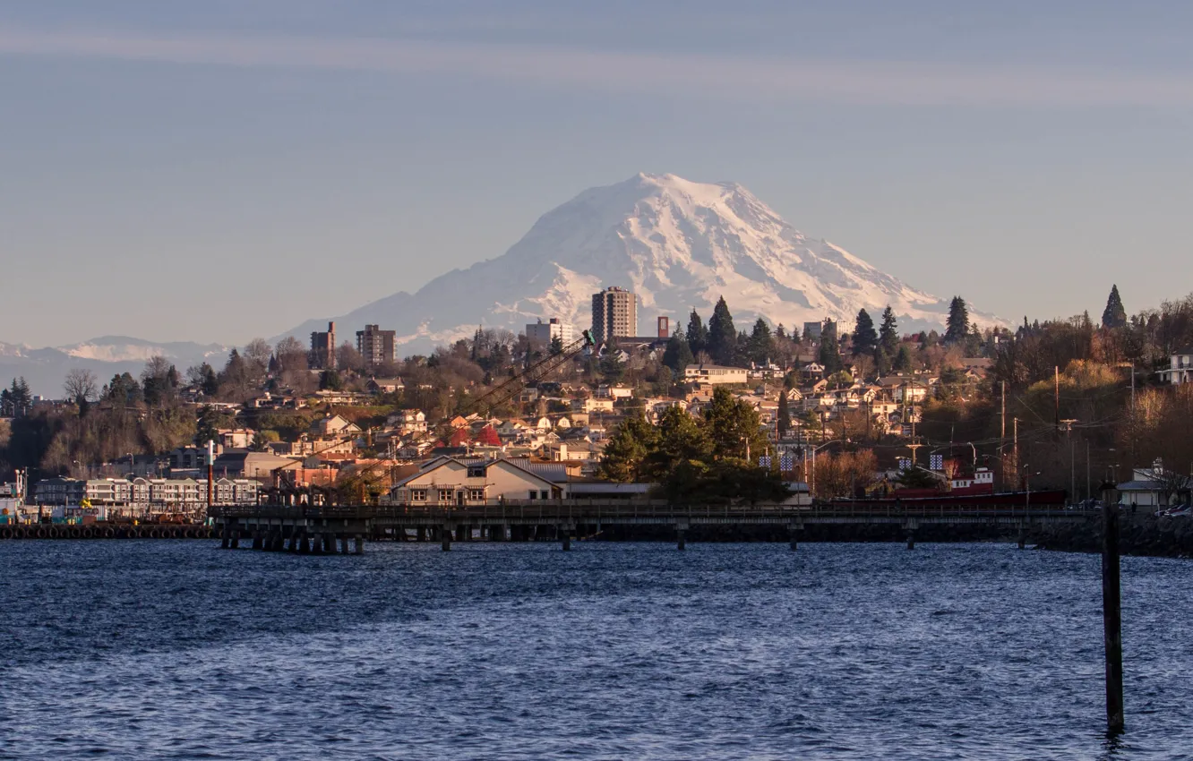 Фото обои USA, United States, river, trees, mountain, houses, Washington, port