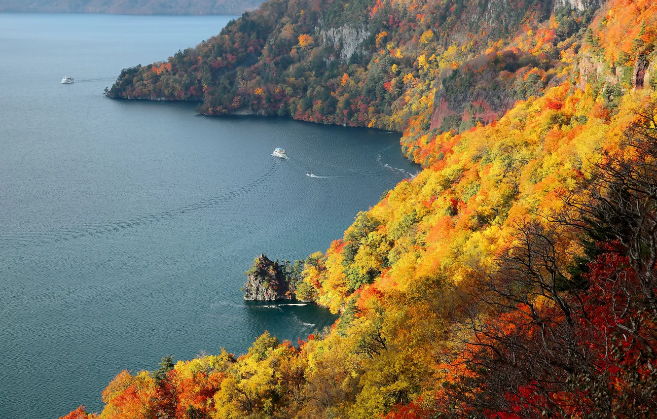 Фото обои море, осень, деревья, горы, корабль, катер