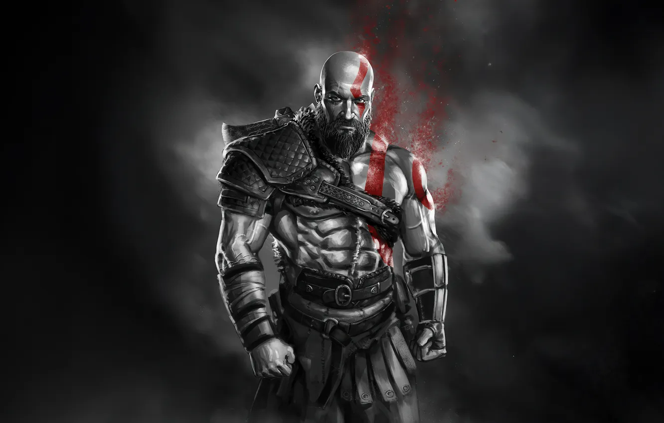 Фото обои axe, god of war, weapon, kratos, sony, snow, blow, man