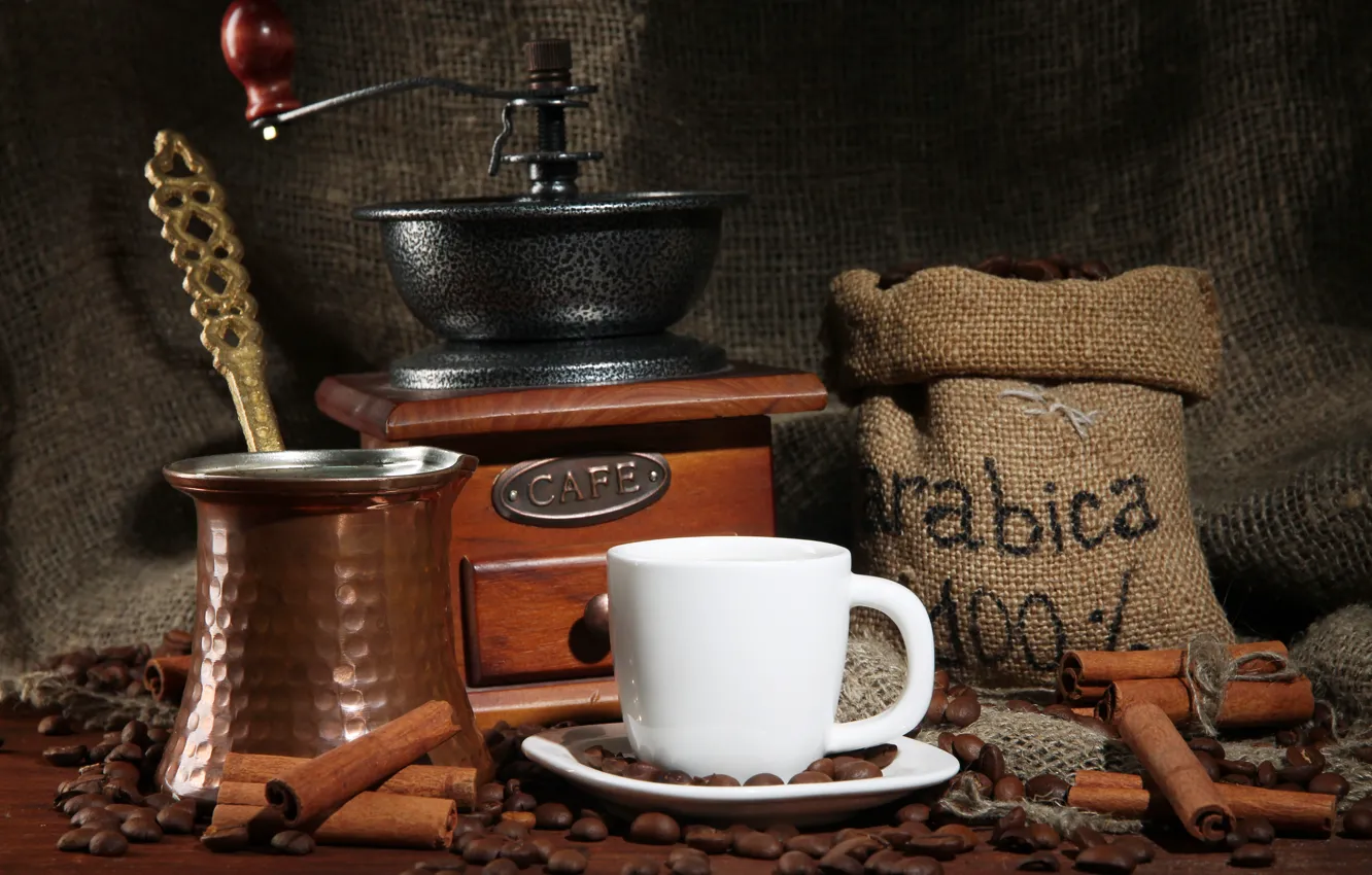 Фото обои кофе, чашка, корица, натуральный, турка, кофемолка, зерновой