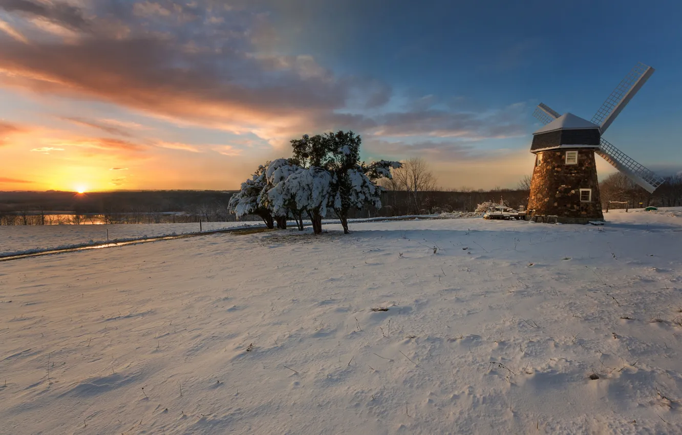 Фото обои зима, закат, озеро, голландская мельница, Коннектикут