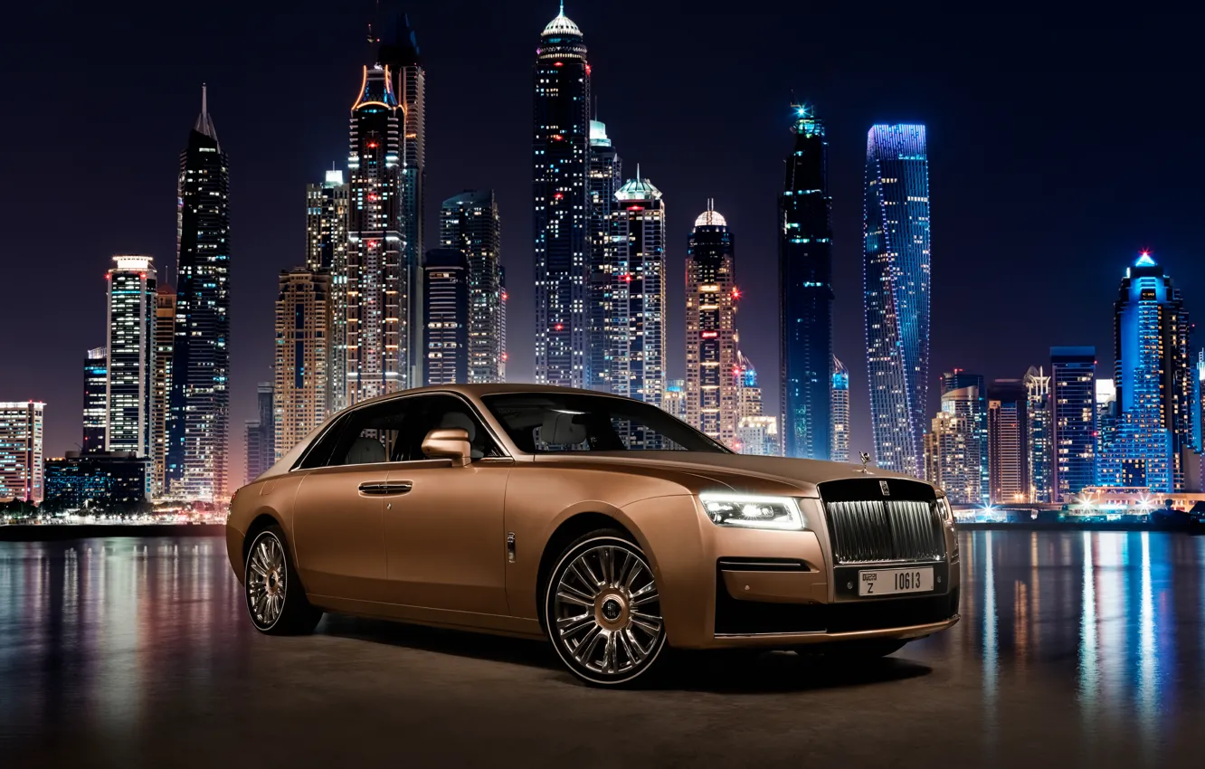 Фото обои car, city, lights, Rolls-Royce, Ghost, buildings, Rolls-Royce Ghost