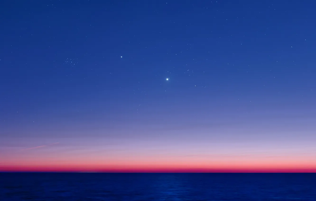 Фото обои океан, Юпитер, Венера, сумерки, Плеяды, Альдебаран
