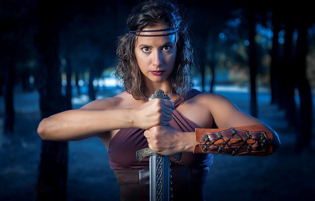Фото обои sword, forest, beauty, brunette, warrior, Outside