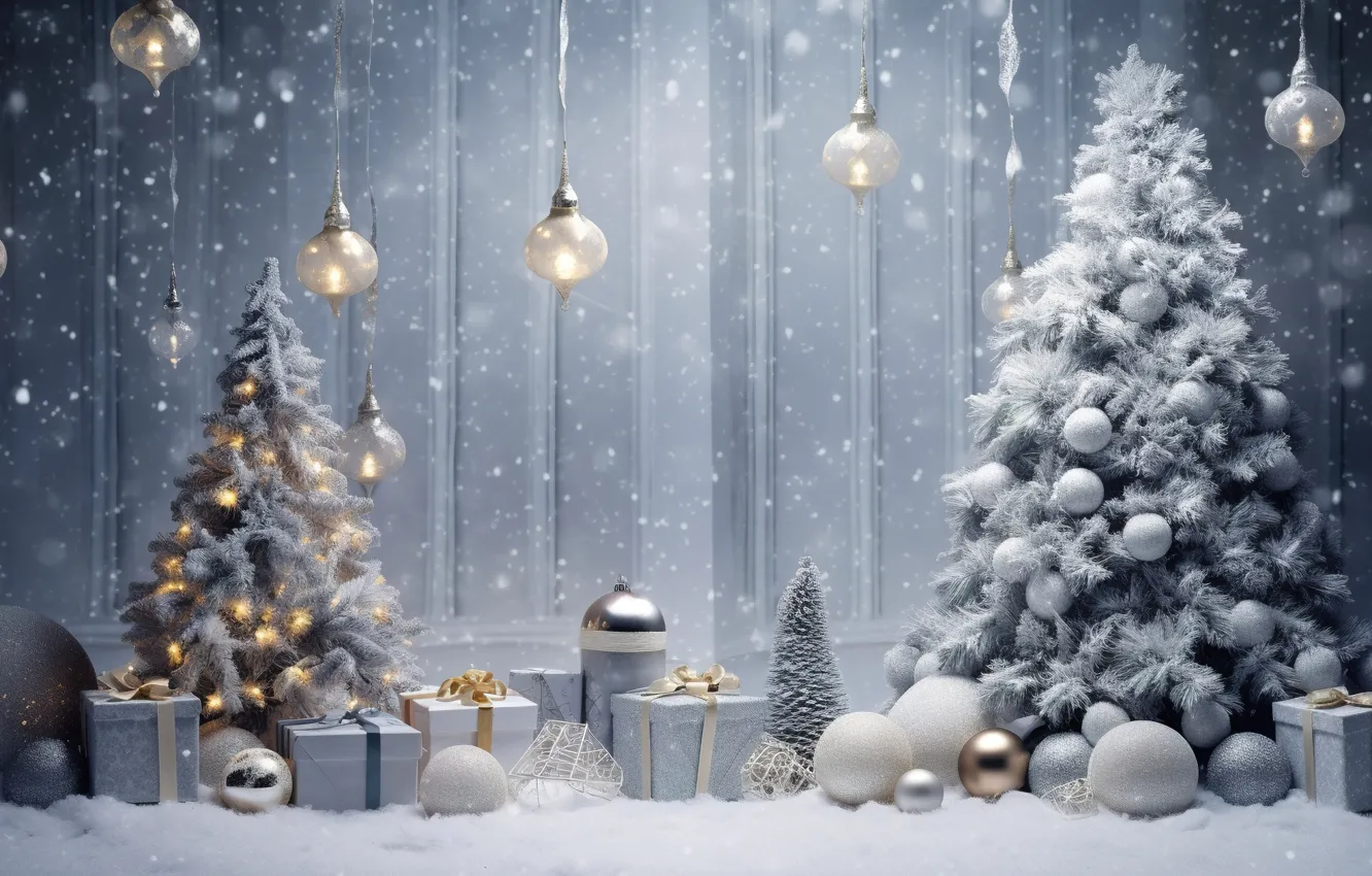 Фото обои зима, снег, украшения, шары, елка, Новый Год, Рождество, подарки