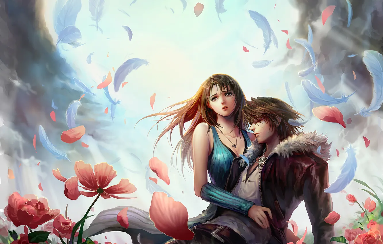 Фото обои девушка, цветы, тучи, перья, лепестки, парень, объятья, final fantasy