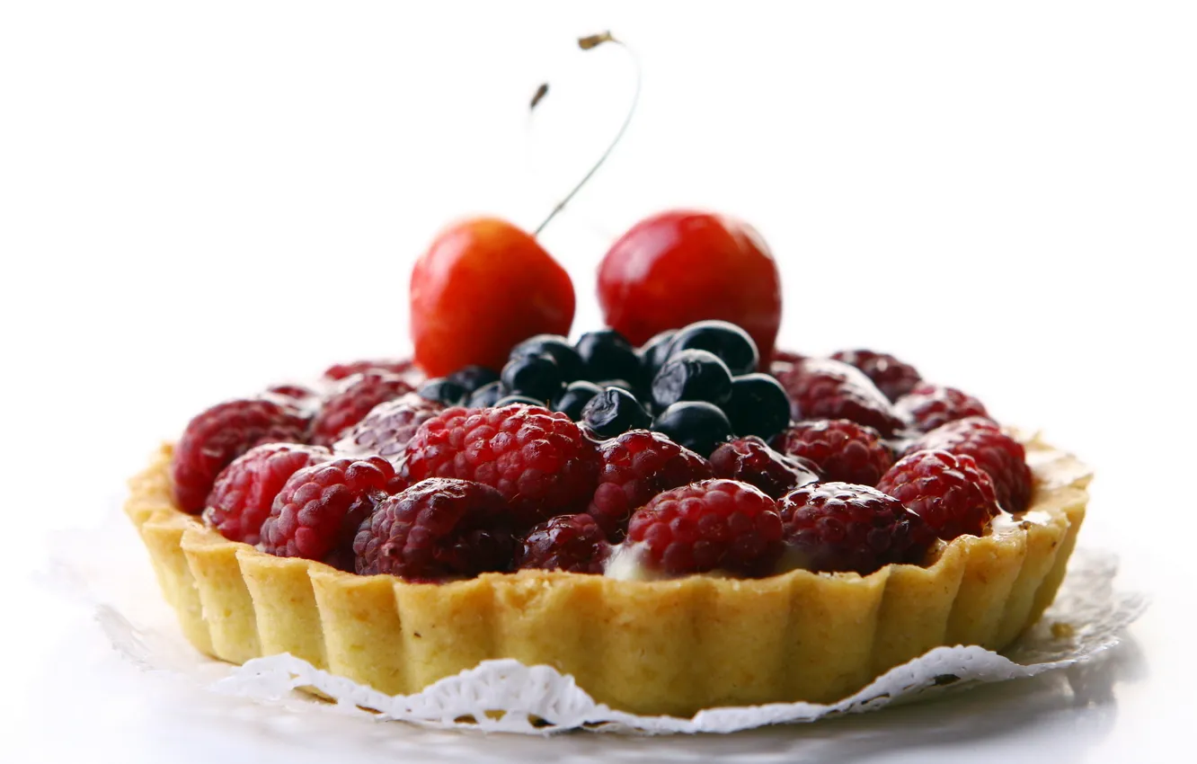 Фото обои вишня, ягоды, малина, еда, черника, пирог, cake, крем