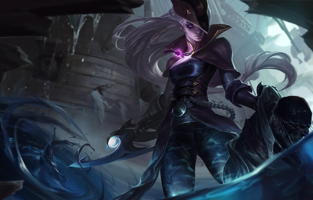 Фото обои взгляд, девушка, меч, шляпа, Diana, Лига Легенд, League Of Legends, всплески воды