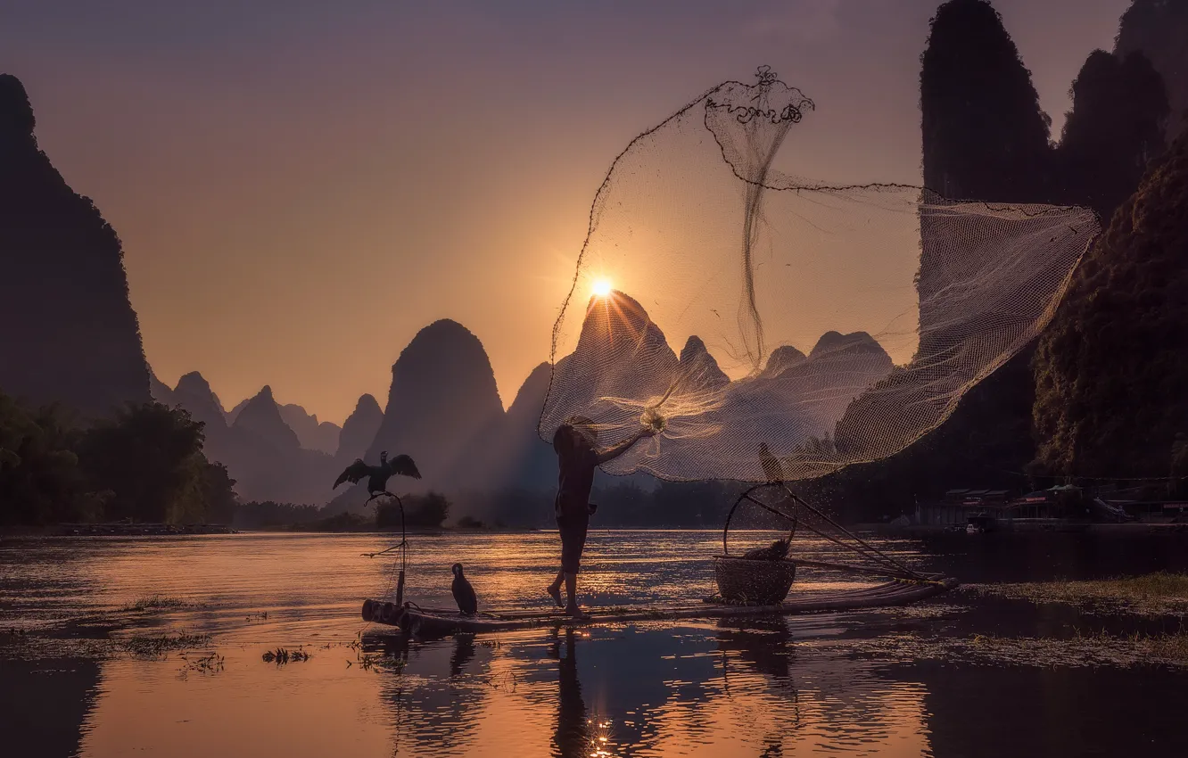Фото обои солнце, птицы, река, сетка, рыбак, Китай