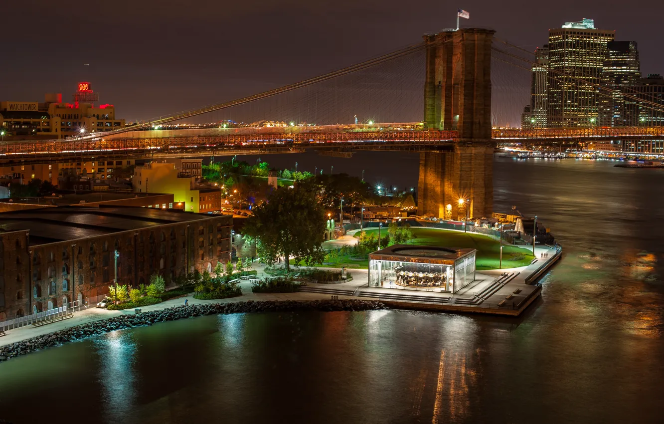 Фото обои ночь, мост, city, здания, Нью-Йорк, США, bridge, night