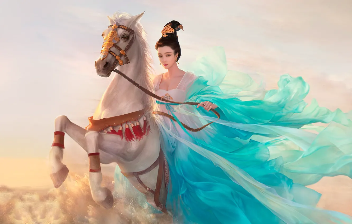 Фото обои девушка, конь, всадница, арт, фЭнтези, Da congjun, fanbingbing