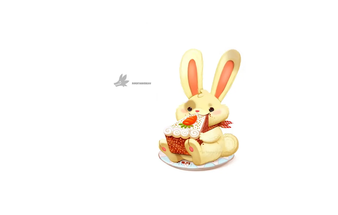 Фото обои белый фон, кушает, кусок торта, белый кролик, на тарелке, cryptidcreations