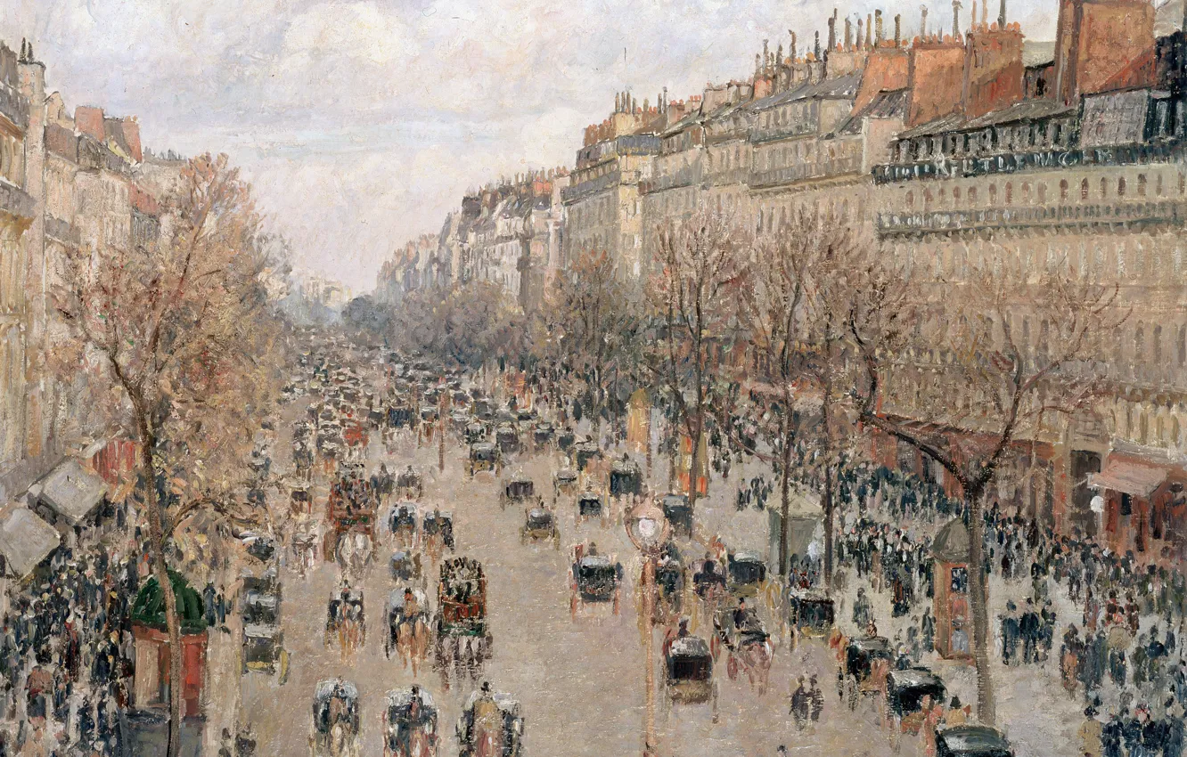 Фото обои люди, улица, дома, картина, городской пейзаж, Camille Pissarro, Бульвар Монмартр в Париже, Камиль Писсарро