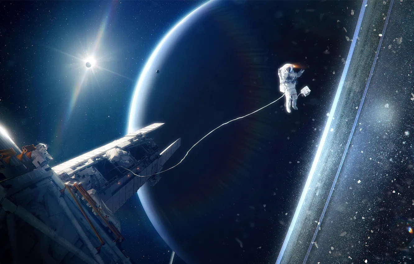 Фото обои планета, космонавт, открытый космос, Tobias Roetsch, neptune, космическиё аппарат
