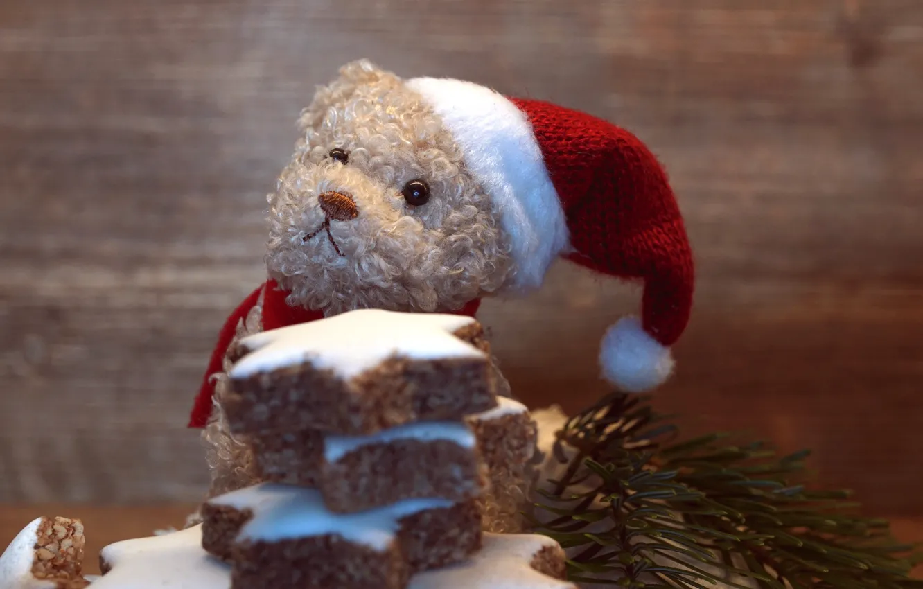 Фото обои зима, ветки, праздник, игрушка, доски, медведь, печенье, Рождество